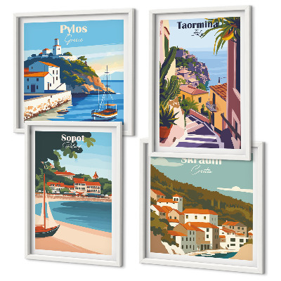 Conjunto de 4 quadros com moldura Ilustrações de cidades litorâneas