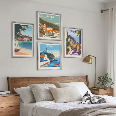 Conjunto de 4 quadros com moldura Ilustrações de cidades litorâneas