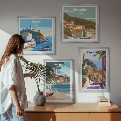 Conjunto de 4 quadros com moldura Ilustrações de cidades litorâneas