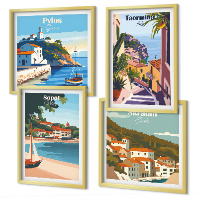Conjunto de 4 quadros com moldura Ilustrações de cidades litorâneas