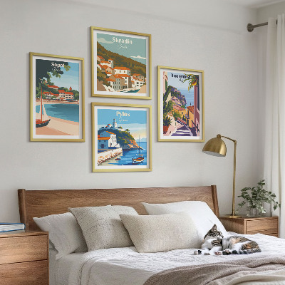 Conjunto de 4 quadros com moldura Ilustrações de cidades litorâneas