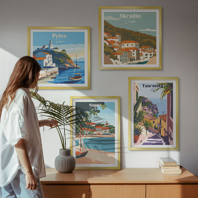 Conjunto de 4 quadros com moldura Ilustrações de cidades litorâneas