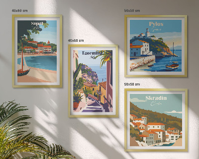 Conjunto de 4 quadros com moldura Ilustrações de cidades litorâneas