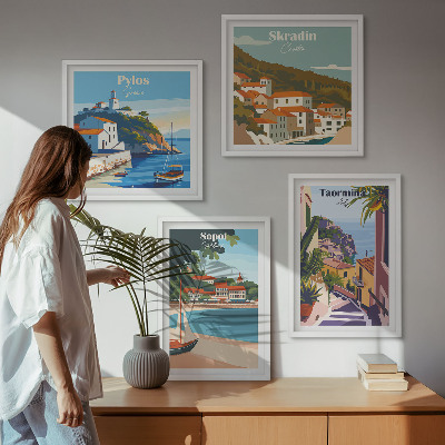 Conjunto de 4 quadros com moldura Ilustrações de cidades litorâneas