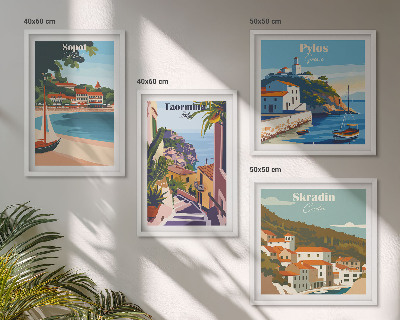 Conjunto de 4 quadros com moldura Ilustrações de cidades litorâneas