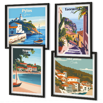 Conjunto de 4 quadros com moldura Ilustrações de cidades litorâneas