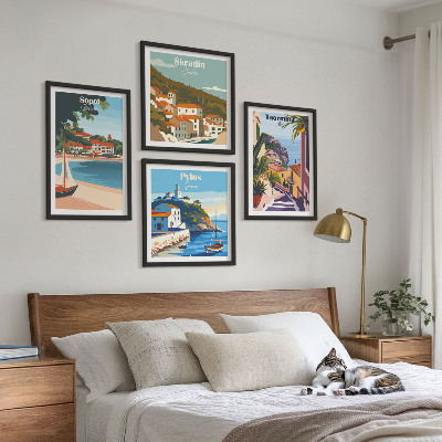 Conjunto de 4 quadros com moldura Ilustrações de cidades litorâneas