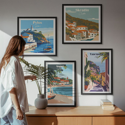 Conjunto de 4 quadros com moldura Ilustrações de cidades litorâneas