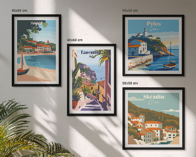 Conjunto de 4 quadros com moldura Ilustrações de cidades litorâneas