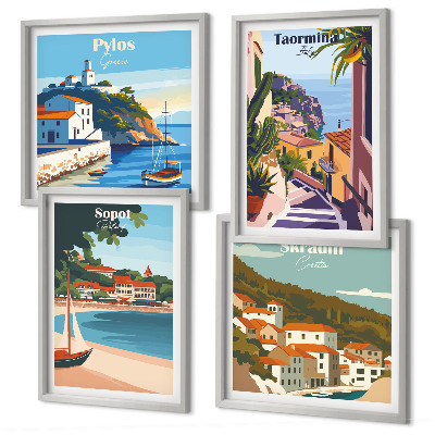 Conjunto de 4 quadros com moldura Ilustrações de cidades litorâneas