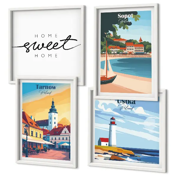 Conjunto de 4 quadros com moldura retratando cidades polonesas Ustka Tarnów Sopot
