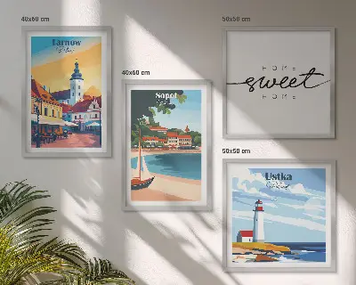 Conjunto de 4 quadros com moldura retratando cidades polonesas Ustka Tarnów Sopot