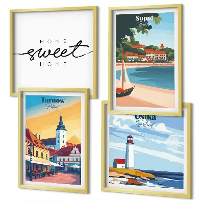 Conjunto de 4 quadros com moldura retratando cidades polonesas Ustka Tarnów Sopot