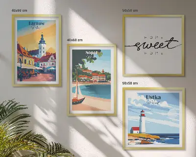 Conjunto de 4 quadros com moldura retratando cidades polonesas Ustka Tarnów Sopot