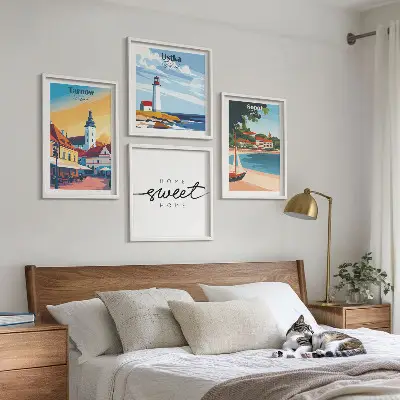 Conjunto de 4 quadros com moldura retratando cidades polonesas Ustka Tarnów Sopot