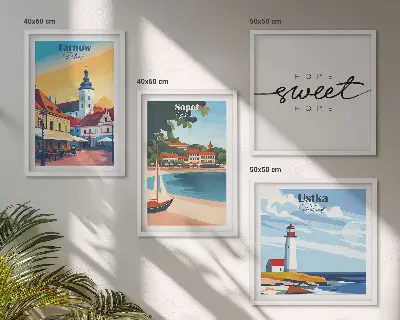 Conjunto de 4 quadros com moldura retratando cidades polonesas Ustka Tarnów Sopot
