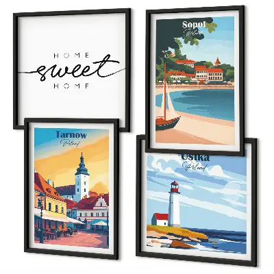 Conjunto de 4 quadros com moldura retratando cidades polonesas Ustka Tarnów Sopot