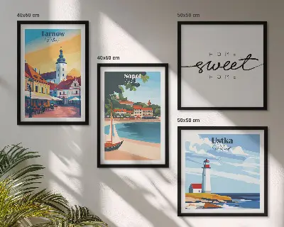 Conjunto de 4 quadros com moldura retratando cidades polonesas Ustka Tarnów Sopot