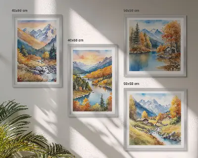 Paisagem montanhosa com um rio políptico com moldura