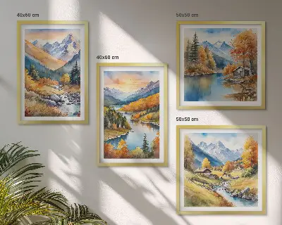 Paisagem montanhosa com um rio políptico com moldura