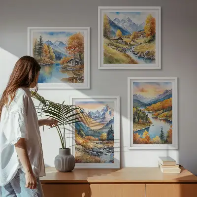 Paisagem montanhosa com um rio políptico com moldura