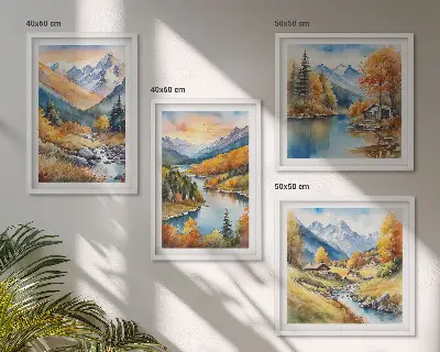 Paisagem montanhosa com um rio políptico com moldura