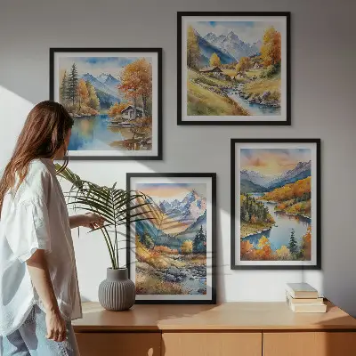 Paisagem montanhosa com um rio políptico com moldura