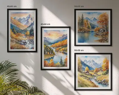 Paisagem montanhosa com um rio políptico com moldura