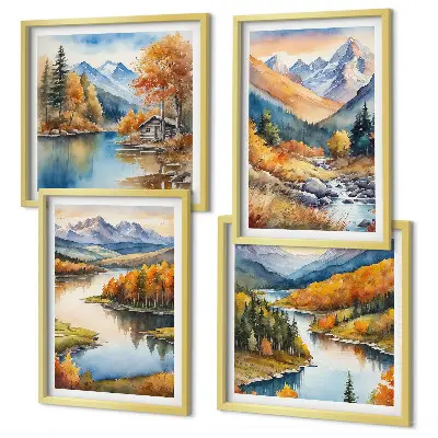Composição de quadros com vistas da montanha, rio e outono