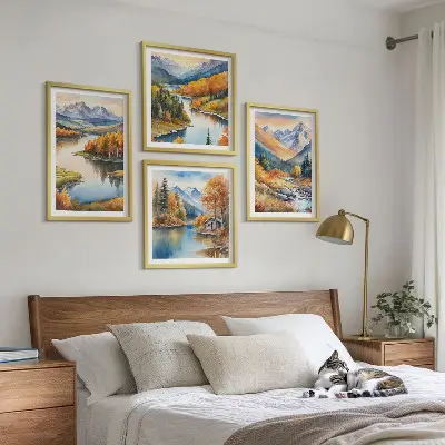 Composição de quadros com vistas da montanha, rio e outono