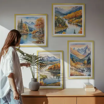 Composição de quadros com vistas da montanha, rio e outono