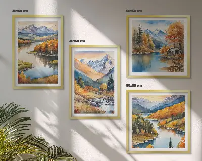 Composição de quadros com vistas da montanha, rio e outono