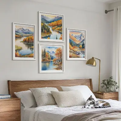 Composição de quadros com vistas da montanha, rio e outono