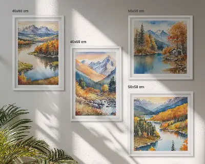 Composição de quadros com vistas da montanha, rio e outono