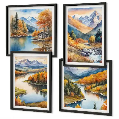 Composição de quadros com vistas da montanha, rio e outono