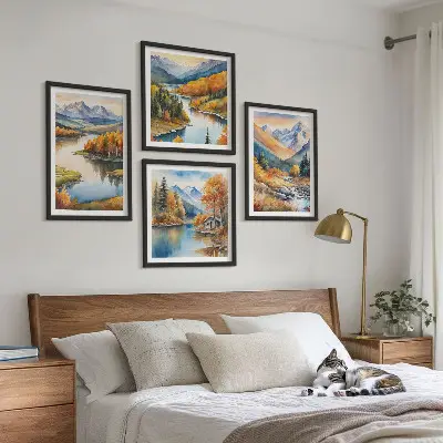 Composição de quadros com vistas da montanha, rio e outono