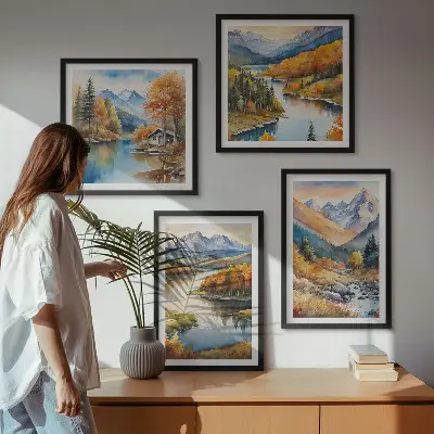 Composição de quadros com vistas da montanha, rio e outono