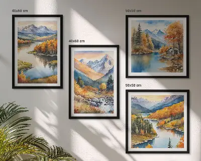 Composição de quadros com vistas da montanha, rio e outono