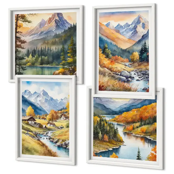Conjunto de 4 quadros com moldura com paisagem de montanhas, rio e chalés