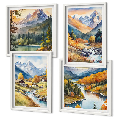 Conjunto de 4 quadros com moldura Paisagem montanhosa, rio, chalés