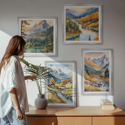 Conjunto de 4 quadros com moldura com paisagem de montanhas, rio e chalés