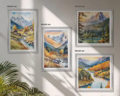 Conjunto de 4 quadros com moldura com paisagem de montanhas, rio e chalés