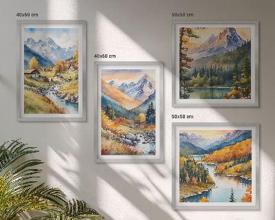 Conjunto de 4 quadros com moldura Paisagem montanhosa, rio, chalés