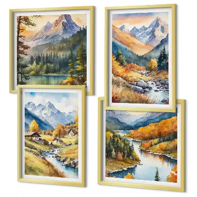 Conjunto de 4 quadros com moldura com paisagem de montanhas, rio e chalés