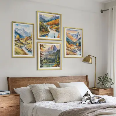 Conjunto de 4 quadros com moldura com paisagem de montanhas, rio e chalés