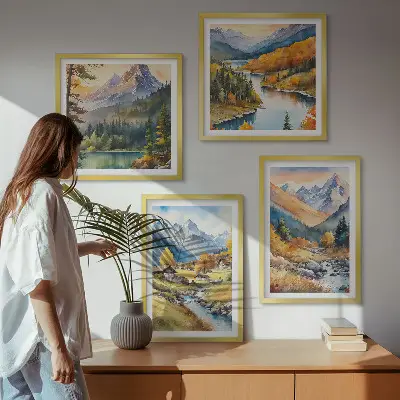 Conjunto de 4 quadros com moldura com paisagem de montanhas, rio e chalés
