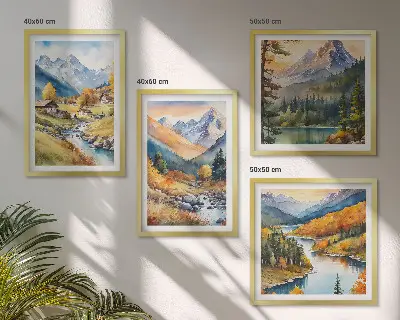 Conjunto de 4 quadros com moldura com paisagem de montanhas, rio e chalés