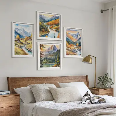 Conjunto de 4 quadros com moldura com paisagem de montanhas, rio e chalés
