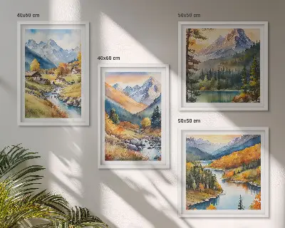 Conjunto de 4 quadros com moldura com paisagem de montanhas, rio e chalés