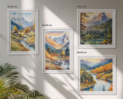 Conjunto de 4 quadros com moldura Paisagem montanhosa, rio, chalés
